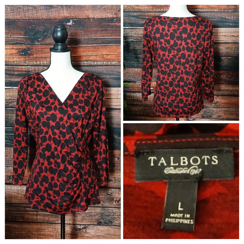 Talbots Wrap Top L Red Black Leaf Print Ruched 3/4 Sleeve Rayon Lyocell